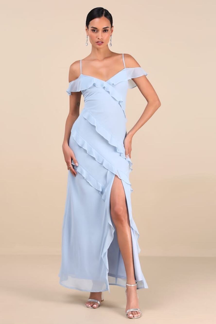 Lulus Elara Light Blue Ruffled Maxi Dress Size XS